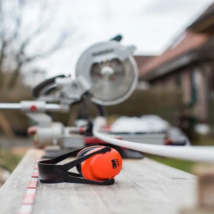 Na drewnianym blacie leży miarka i w tle widoczna jest piła tarczowa, a w oddali widać zabudowania.