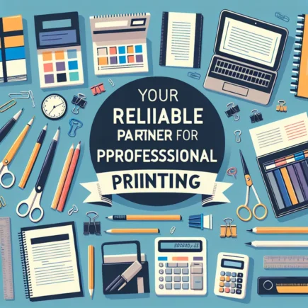 Kolorowy układ biurowych akcesoriów, w tym długopisy, nożyczki, kalkulatory, notesy i laptop, z napisem "Twój niezawodny partner w profesjonalnym druku" na tle.
