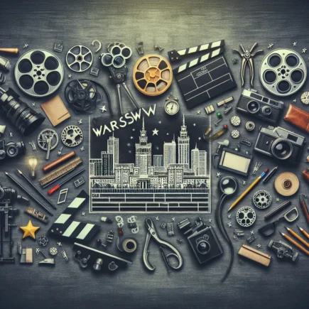 Akcesoria filmowe i aparaty rozmieszczone wokół rysunku panoramy Warszawy