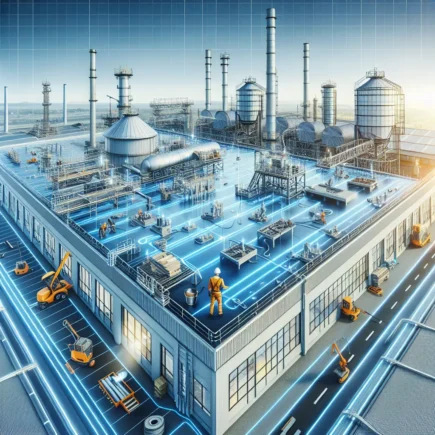 Widok z góry na nowoczesną fabrykę przemysłową z urządzeniami, instalacjami i pracownikami, otoczoną niebieskimi liniami symbolizującymi technologie cyfrowe.