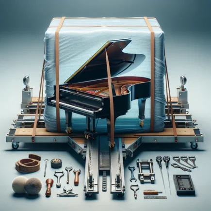 Fortepian na platformie transportowej, owinięty w materiał zabezpieczający i przymocowany pasami. Wokół niego leżą różne narzędzia, w tym klucze, młotek i inne akcesoria do strojenia.