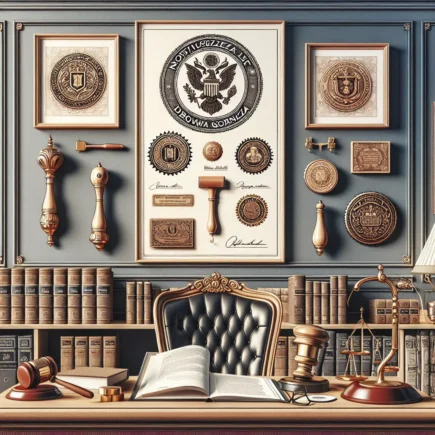 Biuro prawnika z czarnym, skórzanym fotelem, otwartą księgą, młotkiem sędziowskim i dekoracjami na ścianie, w tym różnymi odznakami i podziękowaniami. Na półkach widać zamknięte książki prawne.