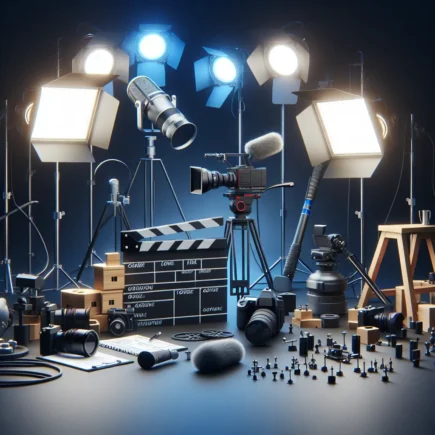Sprzęt filmowy w studiu: kamera na statywie, klaps, mikrofony i reflektory