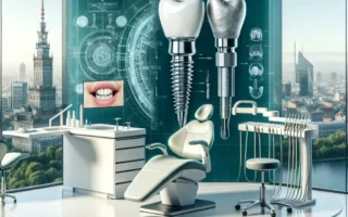 Nowoczesny gabinet dentystyczny z fotelem, narzędziami i wizualizacją implantów zębowych na tle miejskiej panoramy