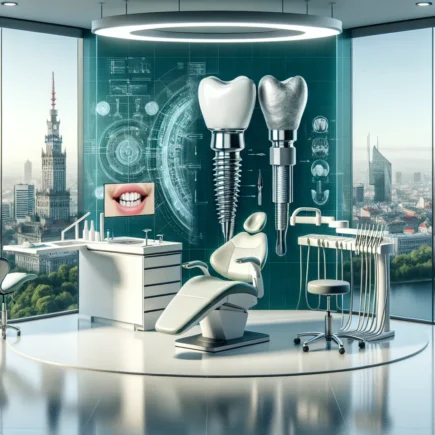 Nowoczesny gabinet dentystyczny z fotelem, narzędziami i wizualizacją implantów zębowych na tle miejskiej panoramy
