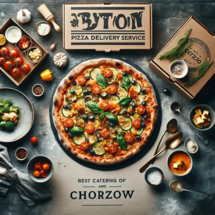 Pizza warzywna z pomidorkami, cukinią i bazylią na stole, otoczona pudełkami i miskami z dodatkami