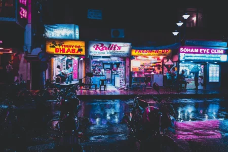 Widok na miasto w stylu synthwave