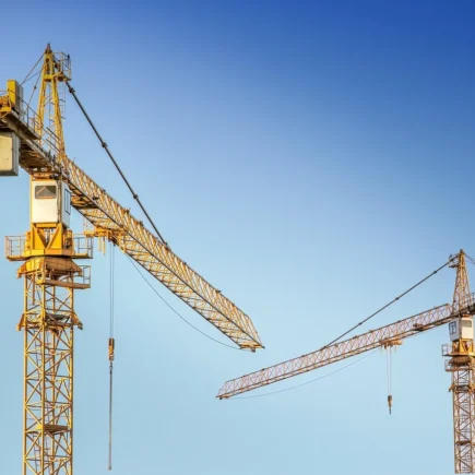 Żółte dźwigi budowlane na tle nieba, prace przy obróbce konstrukcji stalowych